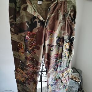 Hand-Painted Camo Cargo Pants with Neon Paint Splatters